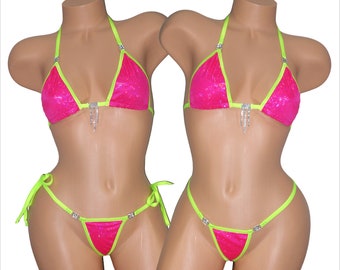 Princess Bikini w/RHINESTONES!-Choice of G-String- Fuchsia Shattered Glass Holographic with Neon Green Trim-S/M