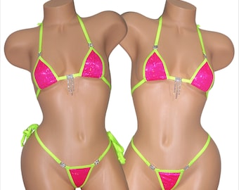 Mini Micro Bikini with RHINESTONES!  Choice of Bottoms-Fuchsia Shattered Glass Holographic with Neon Green trim S/M