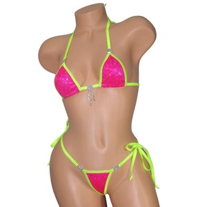 Micro Bikini w/RHINESTONESChoice of G-String Fuchsia Shattered Glass Holographic with Neon Green Trim-S/M Side Tie