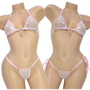 White/Silver Metallic Mesh-Light Pink Trim-Micro Bikini w/Comfort Fit G-String-Choice of Bottom-S/M See Through
