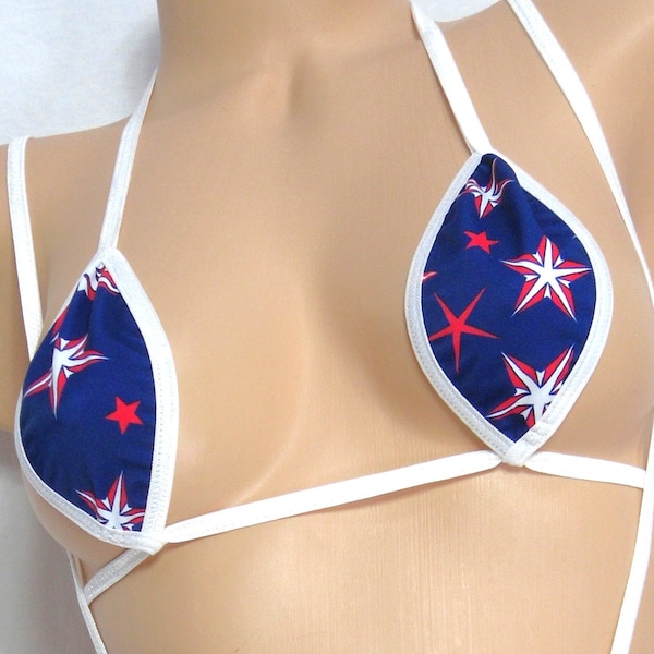 Teardrop Slingshot Bikini- Navy with Red/White stars trimmed in white  S/M