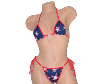 Extended Triangle Back Thong-Choice of Top- Red and White Stars on Navy-Red Trim w/Rhinestone-S/M