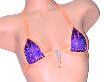 Mini Micro Y-Back Thong Bikini- Vidrio roto púrpura holográfico con ribete naranja y pedrería- S/M