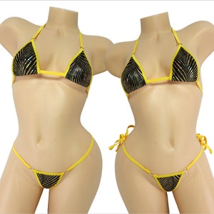 Micro G-String Bikini-Choice of Bottom- Gold Foil Dots on Black and Trimmed in Gold S/M