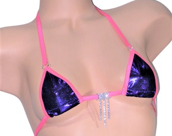 Mini Micro G-String Bikini-Purple Mystique trimmed in Pink-S/M