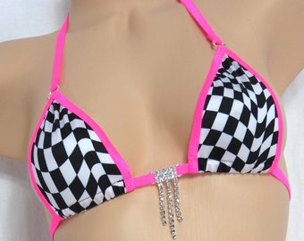 Micro G-Sting Bikini - Black & White Wonky Checkers-Hot Pink Trim-S/M