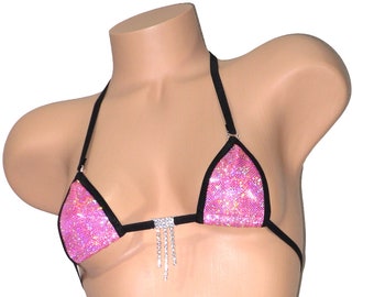 Mini Micro G-String Bikini- Pink Holographic w/Black Trim- S/M