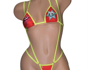 Micro Slingshot G-string Combo Bikini- Googly-Eyed Stars on Red-Neon Yellow Trim- S/M