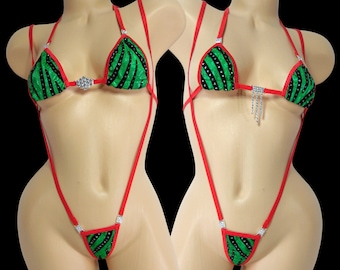 Slingshot Bikini w/RHINESTONES!-Choice of top-  Green Holographic with Black Velvet Flocking and Glitter Dots-Red Trim S/M