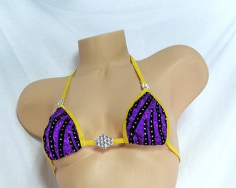 Micro Bikini w/RHINESTONES! G-String- Purple holographic with black velvet flocking and glitter dots with gold trim s/m