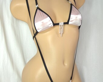 Micro Slingshot Bikini w/RHINESTONES! Light Pink Satin with Black Trim S/M