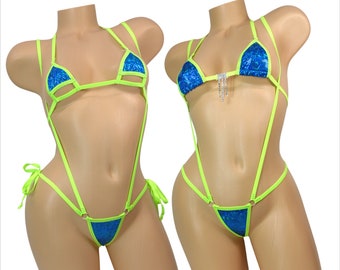 G-string Slingshot Combo Bikini-CHOICE of Top-Blue Turquoise Shattered Glass Holographic-Neon Green Trim-  S/M