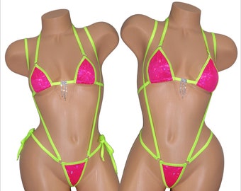Ensemble bikini string fronde - CHOIX du haut - verre brisé fuchsia holographique - garnitures vert néon - S/M