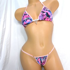 Princess Top- G-String Bottom- Iridescent Butterflies w/Baby Pink Trim-Rhinestone-S/M