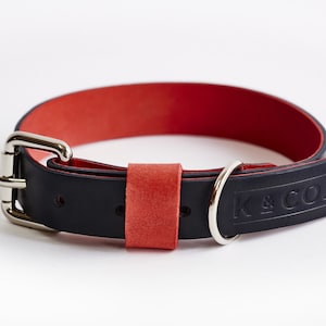 Collare di cane - a mano in pelle di lusso - blu e rosso