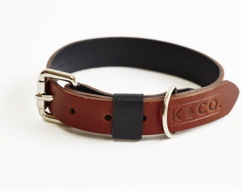 Collier de chien - Cuir de luxe fait à la main - bleu marine et brun