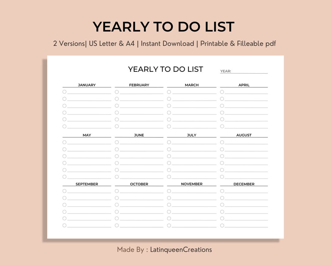 Yearly to do list printable yearly task list yearly task manger