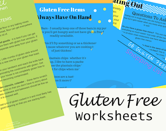 Peut inclure: Un ensemble de feuilles de travail sans gluten imprimables avec des conseils pour manger au restaurant, faire ses courses et garder une cuisine sans gluten. Les feuilles de travail sont sur un fond bleu clair, jaune et vert avec du texte noir.