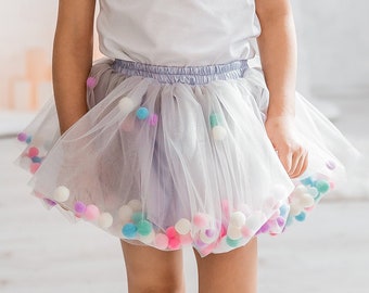 Gray Pom Pom tutu skirt, tutu skirt, confetti tutu skirt, pom poms tutu skirt for toddlers, pom pom outfit, birthday pompom party