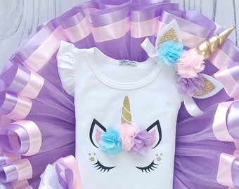 Purple Unicorn Outfit 2nd Birthday Unicorn Face T-shirt, lavender skirt for baby girl