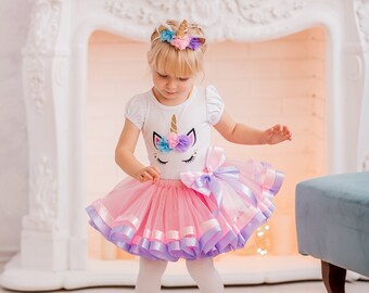 Unicorn Tutu Outfit Set For 3rd 4th 5th Birthday Light Pink Tulle with Unicorn Horn Girls Costume Birthday Custom T-shirt and Skirt