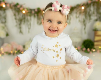 Golden 1st Birthday Girl Outfit, Golden Stars Outfit, Baby Girl Birthday Outfit, Golden Name T-shirt Sale