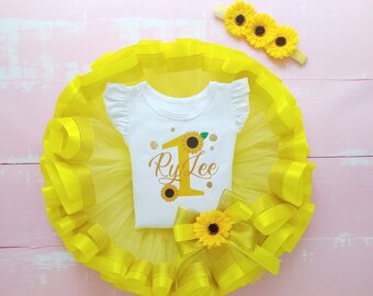 Personalized Sunflower Outfit Baby Girl 1st Birthday Outfit Sunflower Birthday Yellow Birthday Outfit Sunflower Shirt