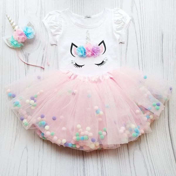 Unicorn First Birthday Tutu Outfit, Soft Pink and Silver Unicorn Toddler Tutu, Unicorn Pom Pom Tutu