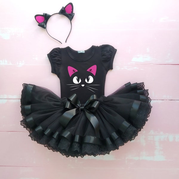 Cat Halloween outfit with cat ears, Cat tutu outfit, Cat Halloween costume set, Black Cat Girls Costume