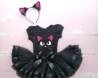 Cat Halloween outfit with cat ears, Cat tutu outfit, Cat Halloween costume set, Black Cat Girls Costume