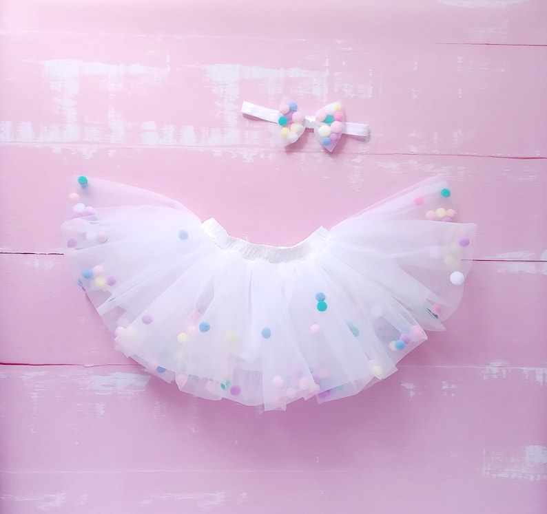 White Tutu Pom Pom Skirt Little Girls Tulle Skirt Toddler Etsy