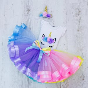 Rainbow Unicorn Birthday Dress for Baby Girl, Colorful Tulle Tutu Outfit, Unicorn Party Costume, 1st Birthday Princess