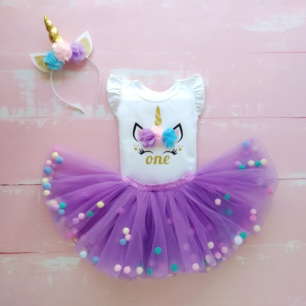 Purple Unicorn Tutu Outfit With Pom Pom Skirt, Toddler Tutu Unicorn Birthday, First Birthday Unicorn Cake Smash Tutu