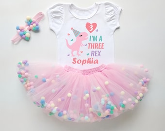 T Rex Birthday Tutu Outfit for 3 Year Old Girl, Dinosaur Party Dress, Dino Birthday Outfit, Toddler Tutu Set, 3rd Birthday Girl Outfit