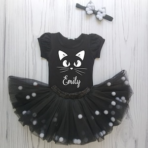 Personalised T-shirt Black Cat Halloween Outfit Black Tutu Skirt Baby Girl Costume
