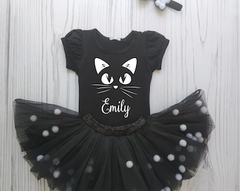 Personalised T-shirt Black Cat Halloween Outfit Black Tutu Skirt Baby Girl Costume