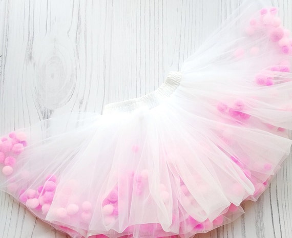 white tulle pom pom skirt