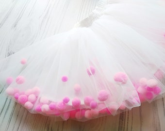 Pom Pom Skirt, Tulle Skirt, Flower Girl Skirt, Birthday Tutu, Skirt With Pink Pompoms, White Skirt with Pom pom, Baby Girl Birthday Skirt