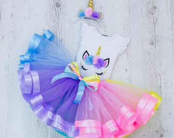 Rainbow Unicorn Birthday Dress for Baby Girl, Colorful Tulle Tutu Outfit, Unicorn Party Costume, 1st Birthday Princess
