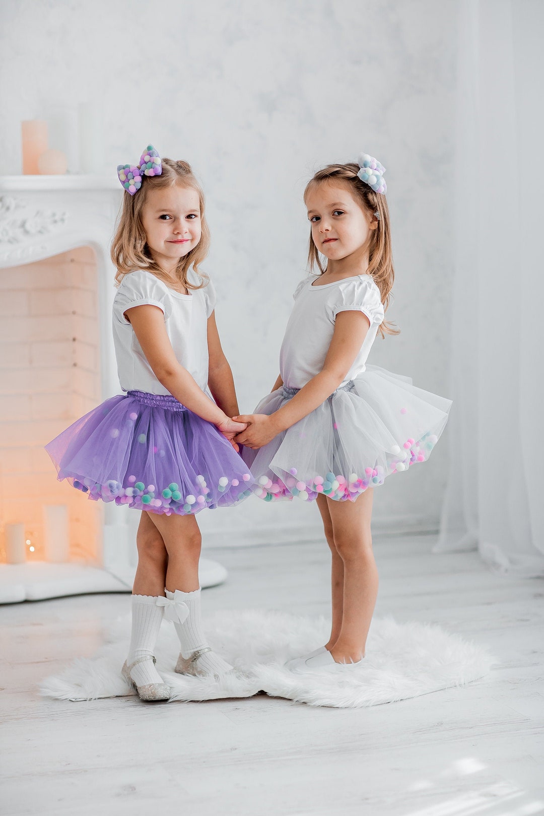 Purple Tulle Tutu With Pompoms, Birthday Skirt for Kids Girls Grey