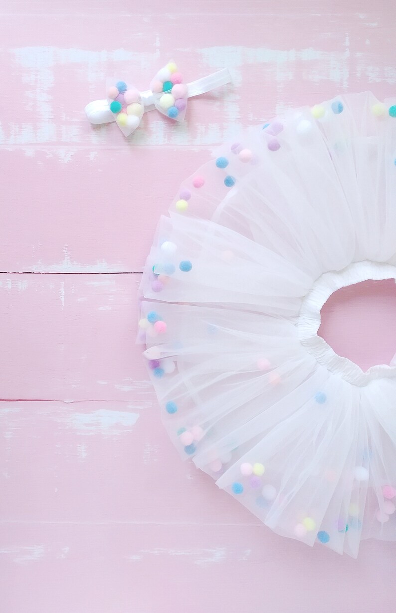 White Tutu Pom Pom Skirt Little Girls Tulle Skirt Toddler Etsy