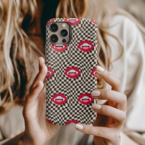 Black and white checkered phone case, red lips phone case, iPhone case, android phone case, checkered phone case, gift for friend, fun case