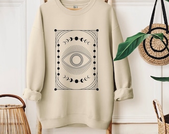 Celestial Evil Eye Sweatshirt, Moon Phases Shirt, Sand Color