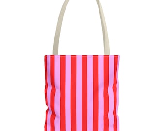 Pink Striped Polyester Tote Bag, Reusable Canvas Shopping Bag