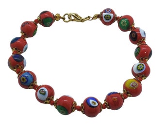 Vintage Italian Murano Glass Beads Millefiori Bracelet, approx. 7.36" Long