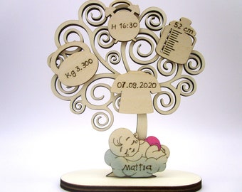 May include: Wooden baby growth chart tree with a sleeping baby, a bottle, a shirt, and the text "H 16:30", "Kg 3.300", "07.09.2020", "52 cm", and "Mattia".