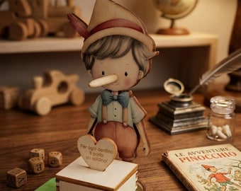 Soporte para dientes de madera hecho a mano con forma de Pinocho y recipiente para dientes – Idea de regalo para el Hada de los Dientes para niños. Hecho en Italia.