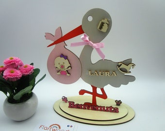 Targhetta Nome Bambino Cicogna Di Legno Per Nascita - Con Sonagli, Targhetta Personalizzabile, Per Esterni E Interni, Regalo Baby, Rosa Cicogna Grande