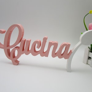 Può includere: Un'insegna in legno rosa che recita "Cucina" in corsivo. L'insegna è sostenuta da un supporto bianco a forma di cucchiaio. Fiori decorativi in una fioriera a staccionata bianca sullo sfondo. Decorazione a tema cucina.