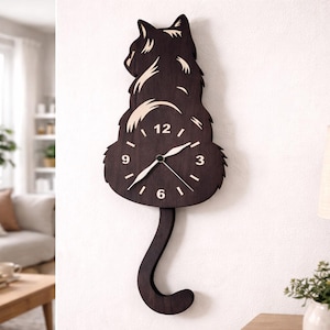 Wooden Wall Clock with Tail Pendulum – Modern Design Cat Clock – Handcrafted Home Decoration Made in Italy